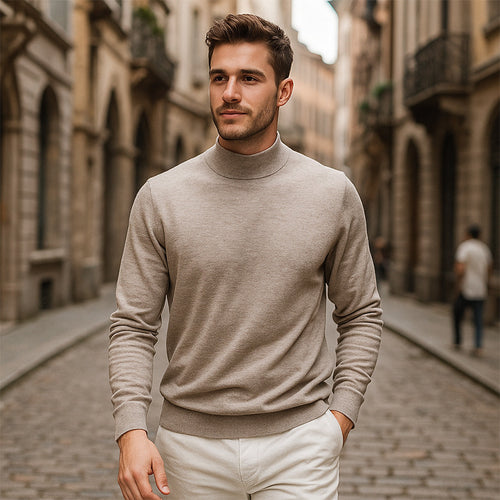 Herren-Strickpullover mit Stehkragen, einfarbig