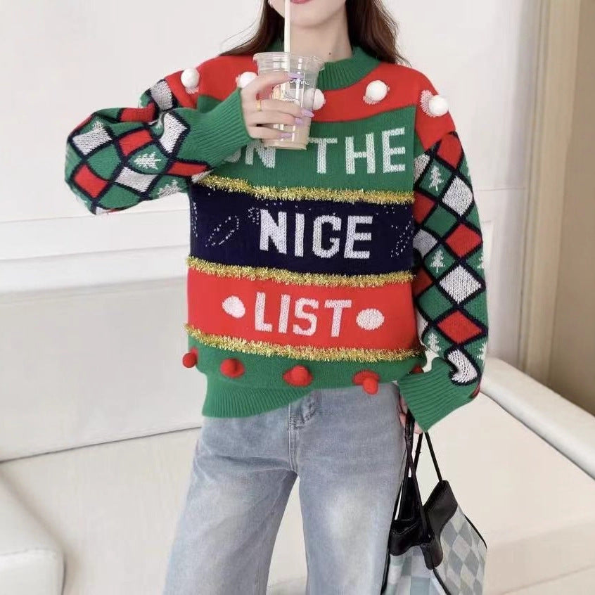 Damen-Weihnachtspullover mit Buchstaben-Jacquard und Goldstreifen