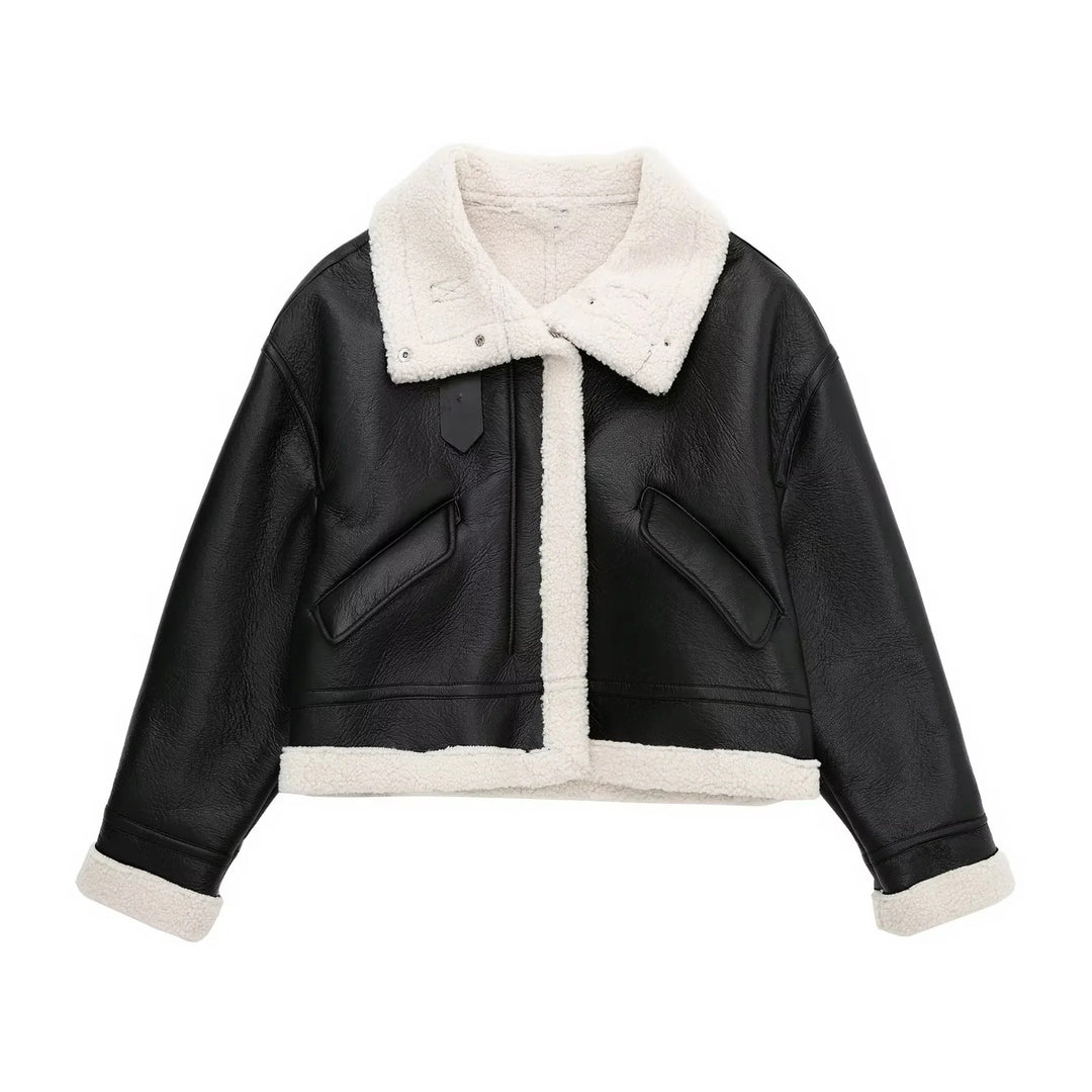 Gefütterte Kunstlederjacke mit Lammfell-Optik und Schnürung
