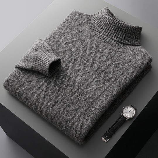 Herren-Wollpullover mit Reverskragen und Zopfmuster