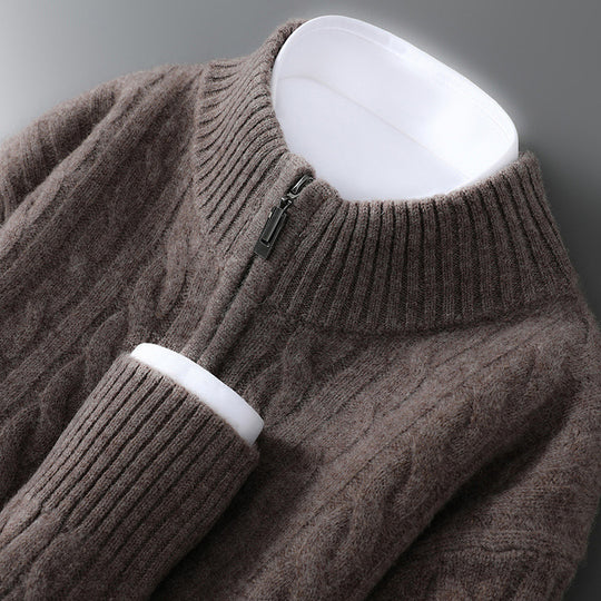 Herren-Wollpullover, 100% Wolle, Reißverschluss, Zopfmuster