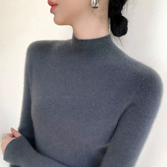 Damen-Woll-Strickpullover, Stehkragen, schmal geschnitten