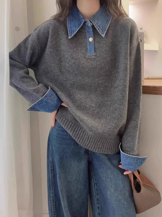 Damen-Strickpullover mit Polo-Kragen und Jeans-Ärmeln