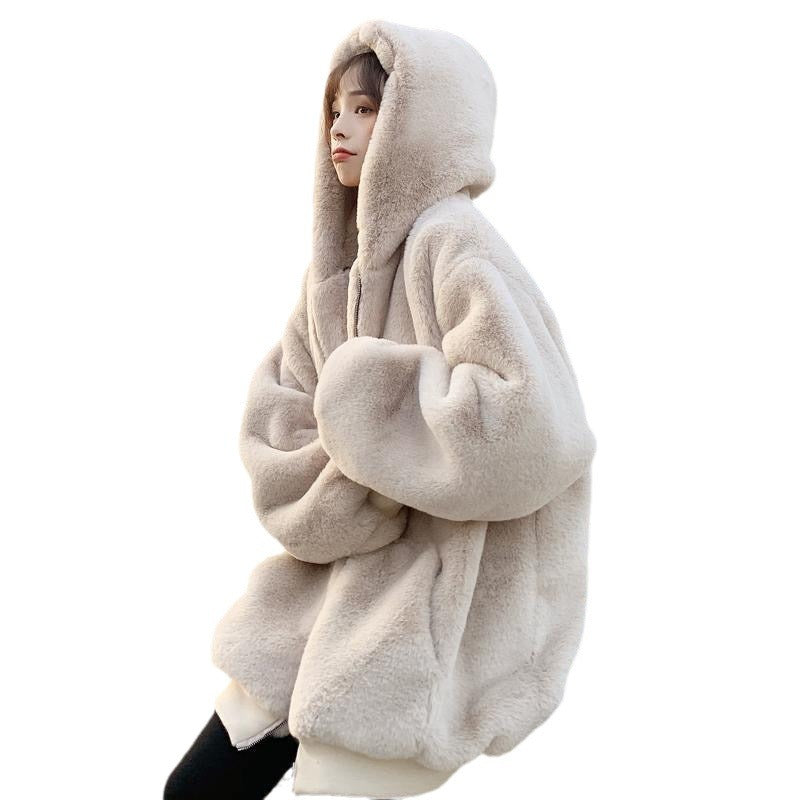 Locker geschnittene Damen-Kunstpelzjacke mit Kapuze