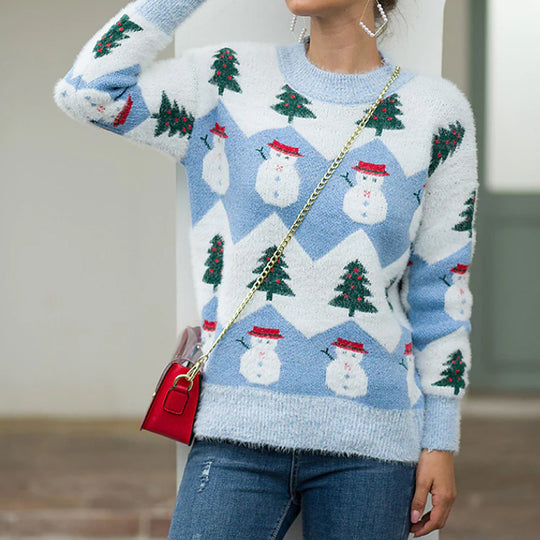 Damen-Strickpullover mit Rundhalsausschnitt und Schneemann-Motiv