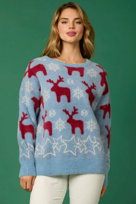Damen-Weihnachtspullover mit Rentier- und Baum-Motiv