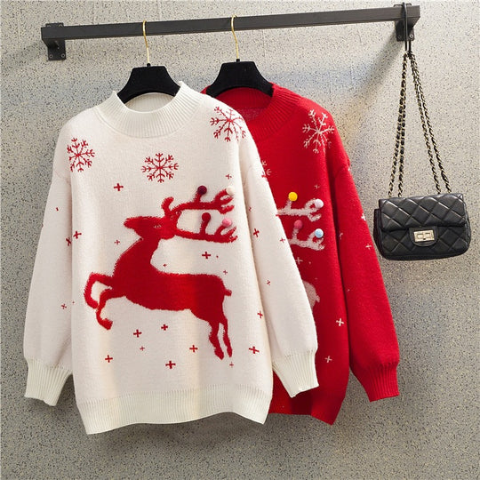 Lockerer Damen-Weihnachtspullover mit Rentier-Motiv