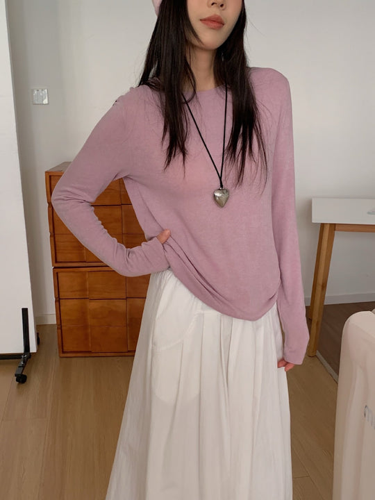 Baumwoll-Langarmshirt, Rundhalsausschnitt, Basic-Stil
