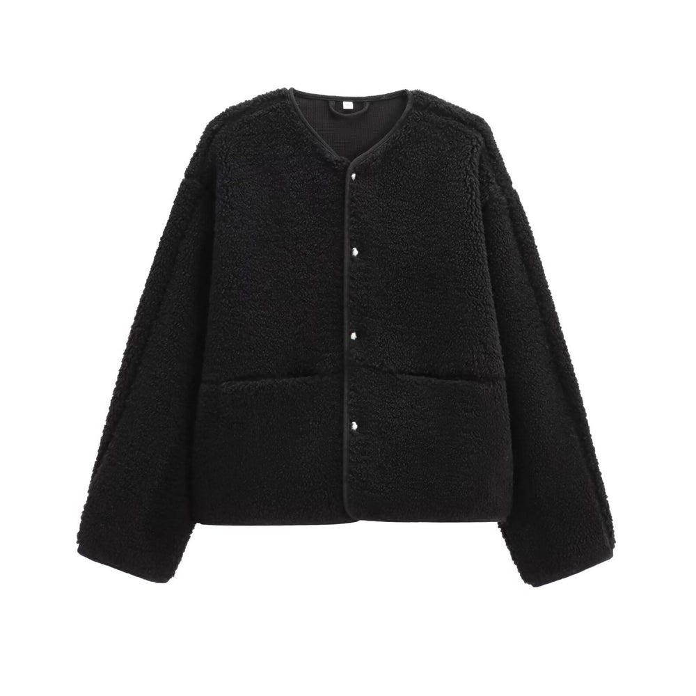 Damen Teddyfleece-Jacke, Rundhalsausschnitt, schlicht