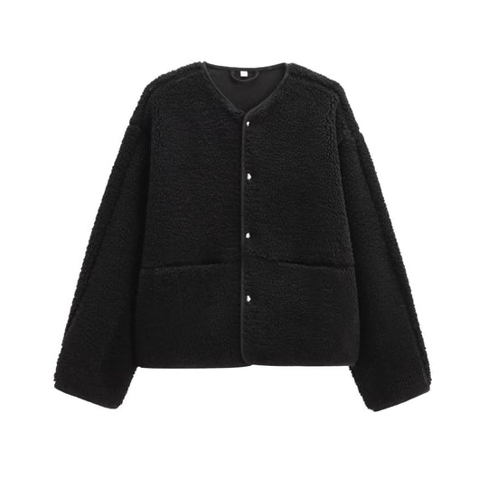 Damen Teddyfleece-Jacke, Rundhalsausschnitt, schlicht