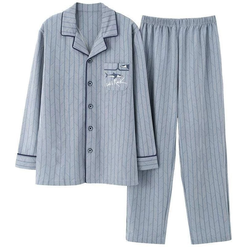 Herren-Pyjama-Set, Baumwolle, Langarm, kariert