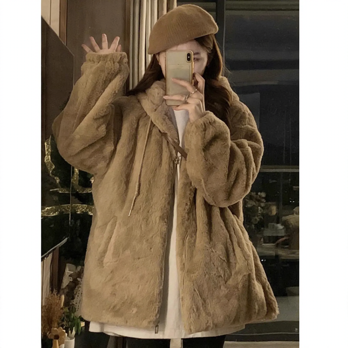 Lässige Lammfleece-Kapuzenjacke für Damen