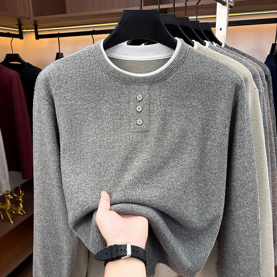 Herren-Strickpullover, Rundhalsausschnitt, Langarm, Fake-Layer-Optik