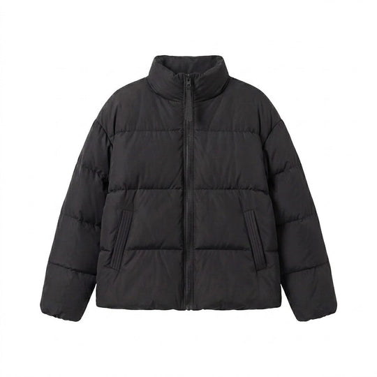 Damen kurze voluminöse gepolsterte Jacke mit hohem Schalkragen, Zwei-Wege-Reißverschluss und verdeckten Seitentaschen