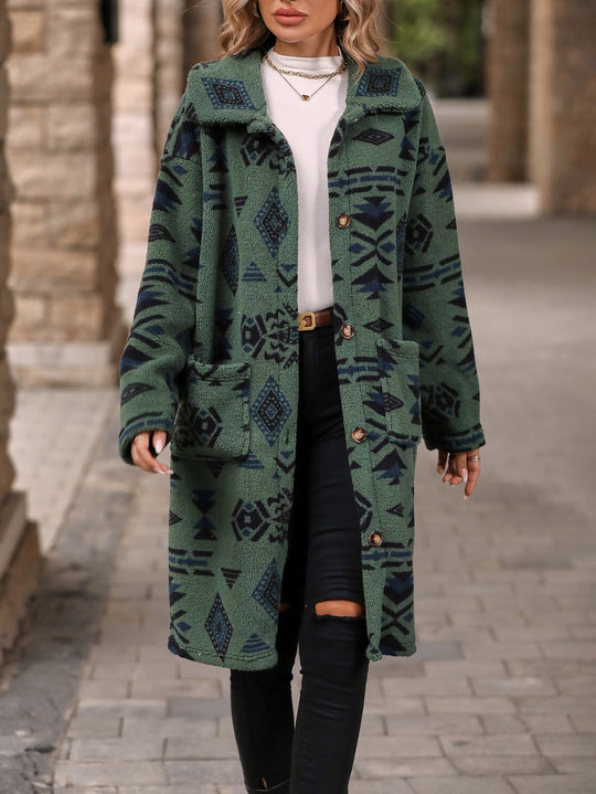 Damen-Mantel mit Ethno-Print, lang, geknöpft
