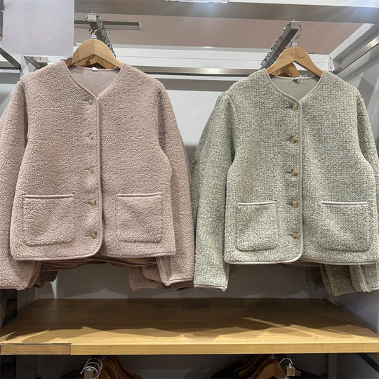 Damen-Strickjacke aus Lammfell-Imitat und Fleece