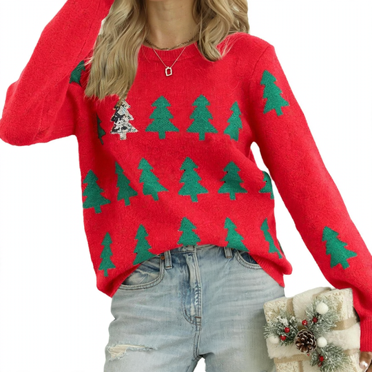 Damen-Weihnachtspullover mit Tannenbaum-Jacquard