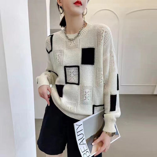 Damen-Strickpullover, kariert, Rundhalsausschnitt