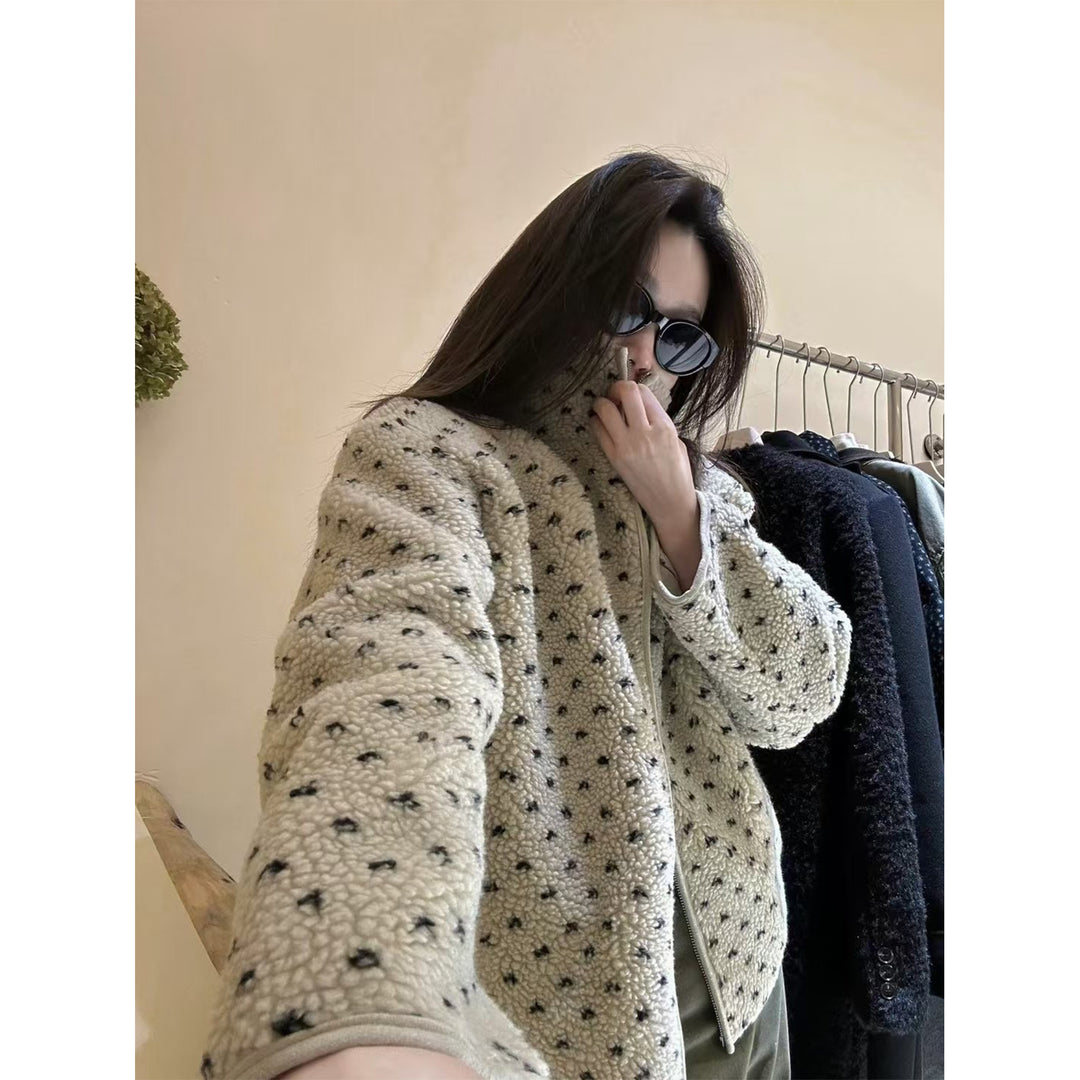 Gepunktete Lammfleece-Jacke mit Reißverschluss