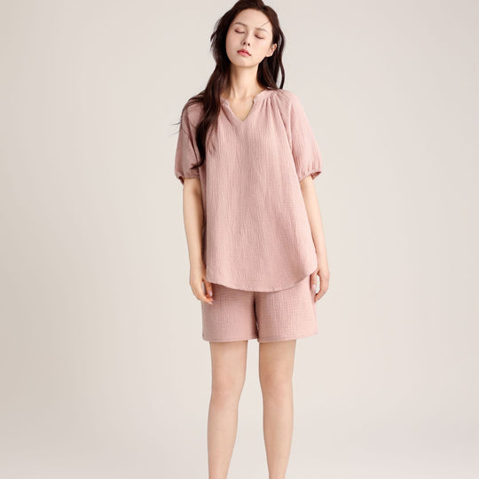 Damen-Pyjama-Set, Doppelschicht-Gaze, V-Ausschnitt