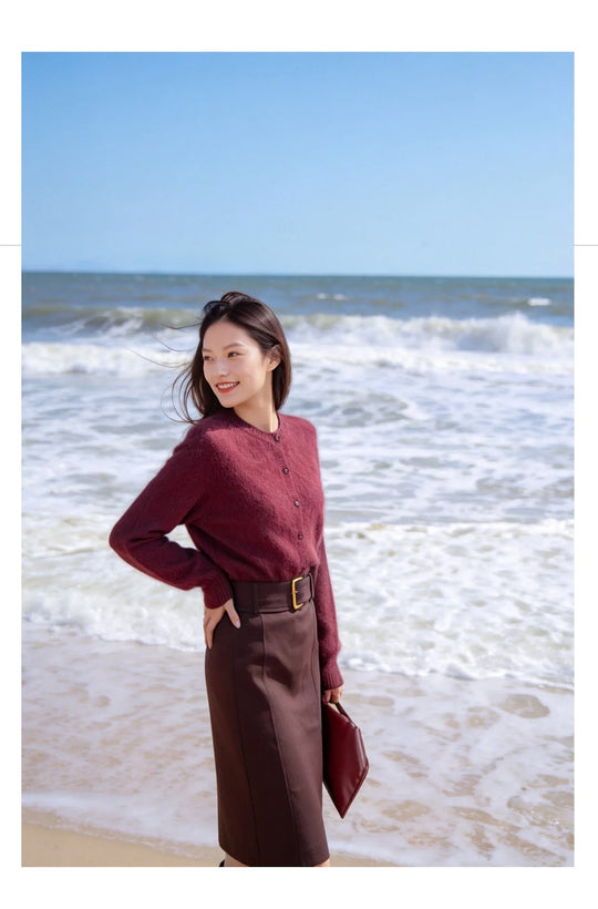 Damen-Strickjacke, Rundhals, aufgeraut