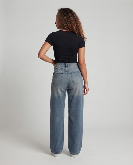 Damen Hochtaillierte Extraweite Denim-Palazzo-Jeans mit ballonförmiger Beinführung Nord Taschen