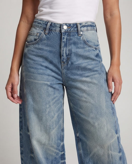 Damen Ultraweite Denim-Palazzo-Hose mit ballonförmigem Bein und Vintage-Waschung Nord Taschen