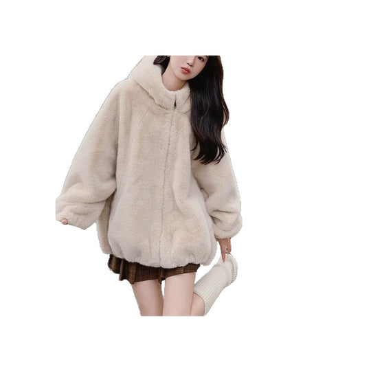 Damen-Jacke mit Kapuze und Lammfell-Optik