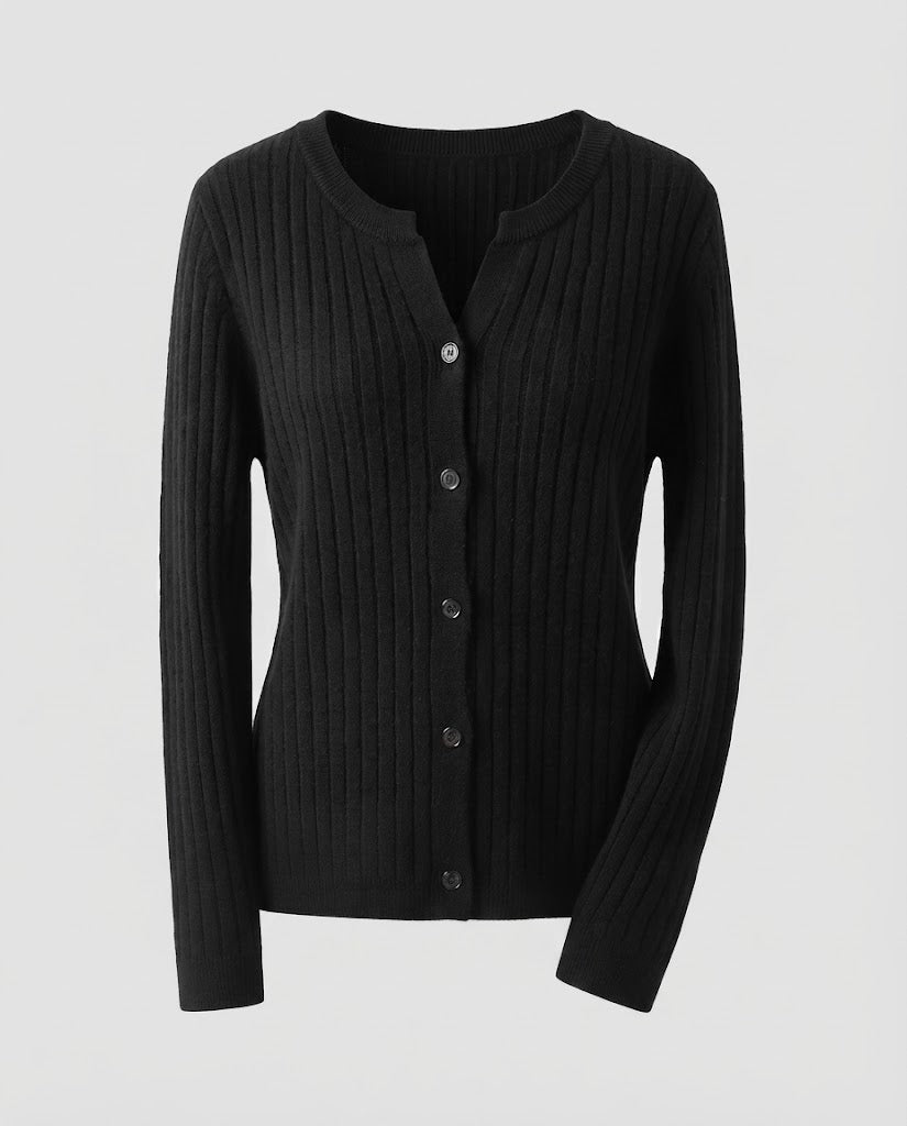 Damen Gestrickter Rippen-Cardigan mit dezentem V-Ausschnitt und Knopfleiste Nord Taschen