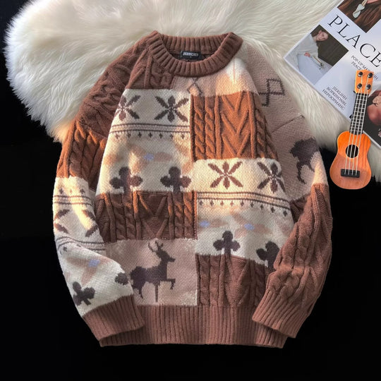 Retro Strickpullover für Paare, weihnachtliches Zopfmuster