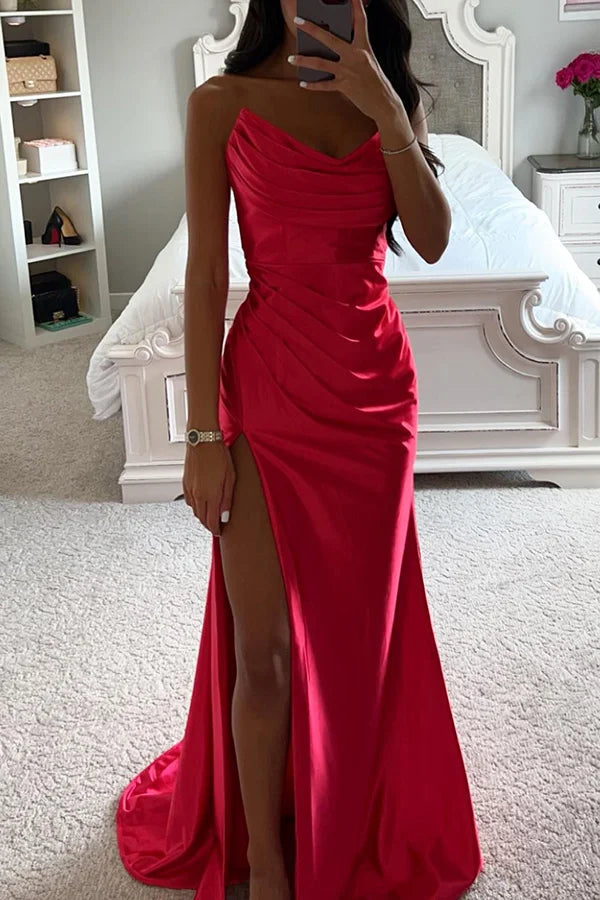 Glänzendes Satin Off-Shoulder Falten Spalte Abend Maxi Kleid - Arvani