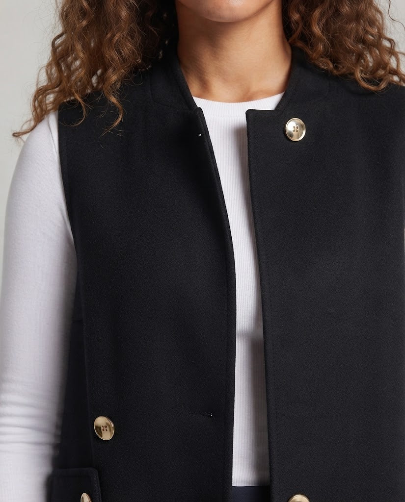 Damen Ärmellose lange Wollmix‑Weste mit Stehkragen und Zierknopfleiste Nord Taschen