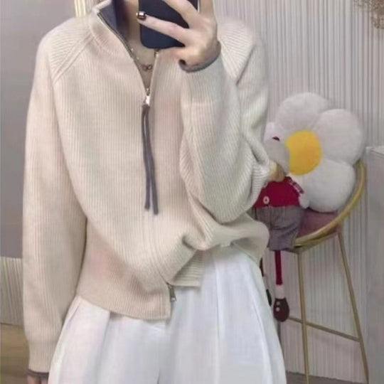 Damen-Strickjacke mit Reißverschluss und Farbblock-Design