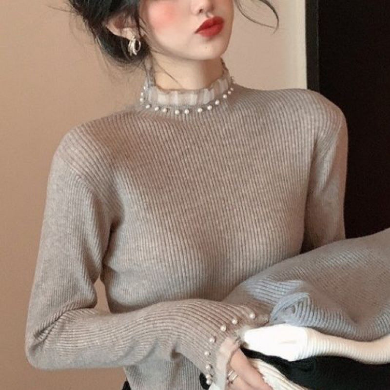 Damen-Strickpullover mit Stehkragen, Spitze und Perlen
