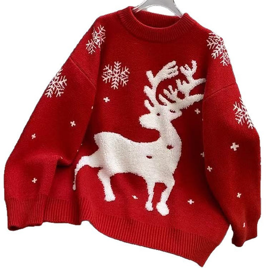 Weihnachtspullover für Damen, gestrickt, mit Rentier- und Schneeflocken