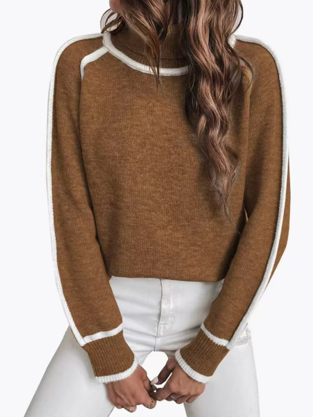 Damen-Strickpullover mit Stehkragen und Kontrastdetails