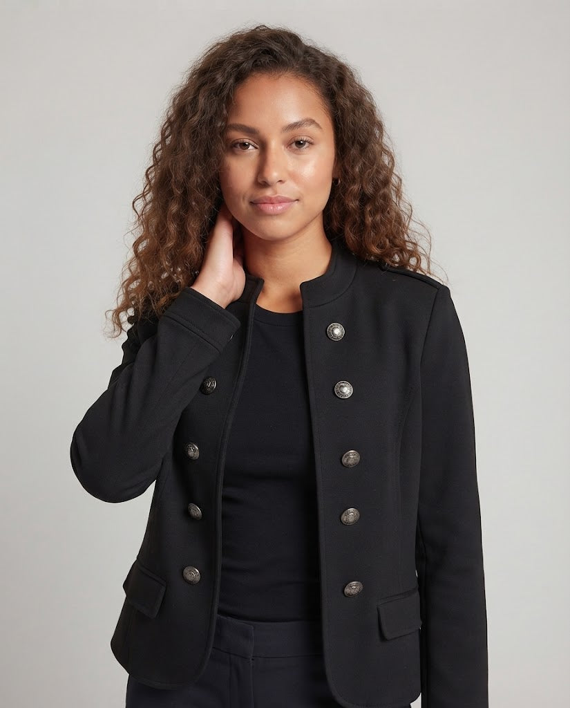 Damen Cropped Doppelreihige Militärjacke mit Stehkragen, Epauletten und Zierknöpfen Nord Taschen