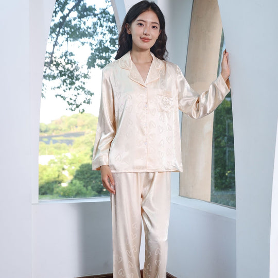 Damen-Pyjama-Set, Eisseide, Langarm, Herzmuster