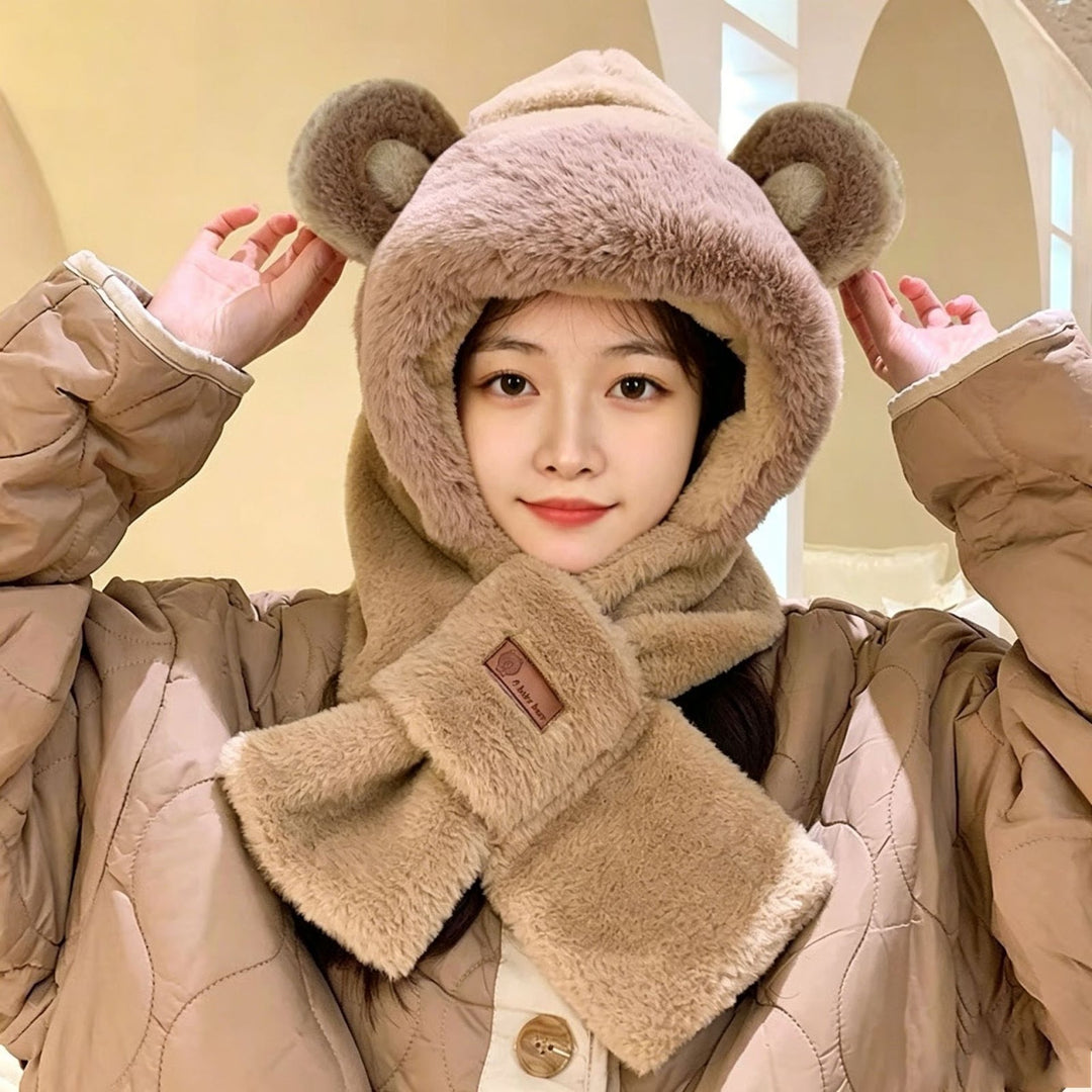 Plüsch-Mütze mit Ohren und Schal, Einheitsgröße