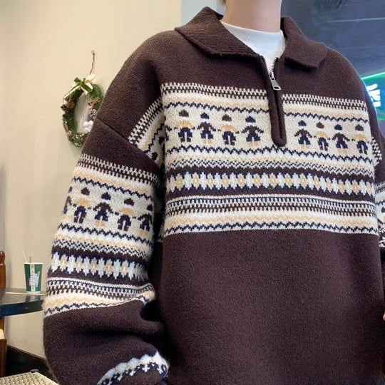 Unisex Strickpullover mit Reißverschluss und Schneemann-Motiv