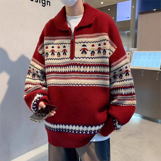 Weihnachts-Strickpullover, Polo-Kragen, Vintage-Stil