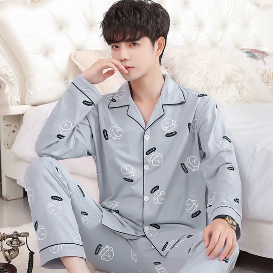 Herren-Pyjama-Set, 100% Baumwolle, Langarm