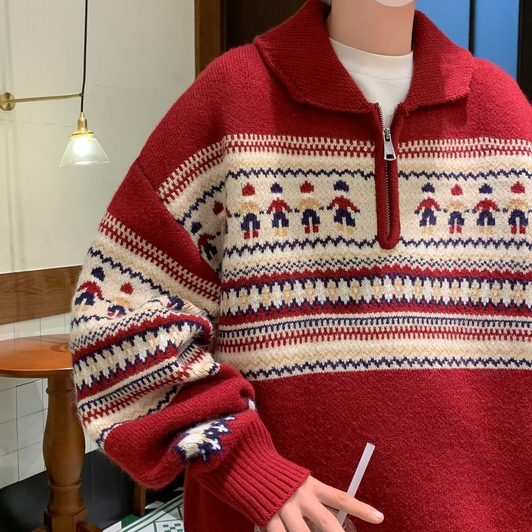Herren-Strickpullover, Polo-Kragen, halber Reißverschluss