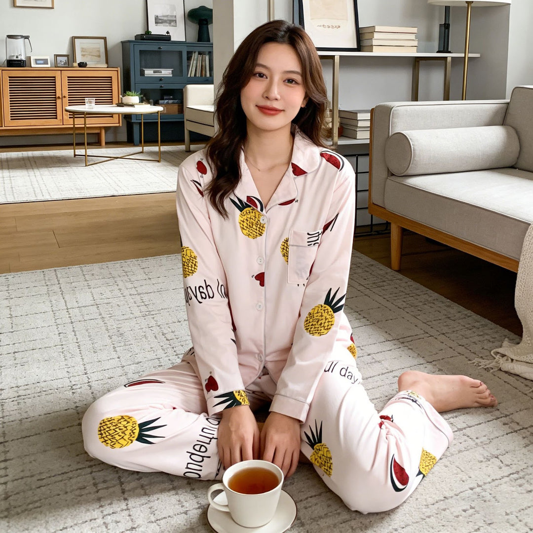 Damen-Pyjama-Set, langärmelig, geknöpft, verspieltes Design