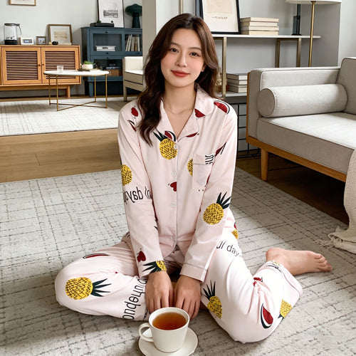 Damen-Pyjama-Set, langärmelig, geknöpft, verspieltes Design