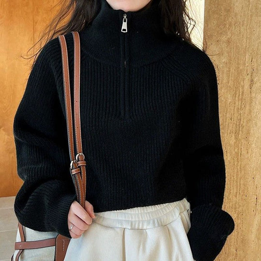 Kurzer Damen-Strickpullover mit Reißverschluss