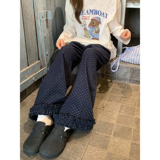 Gepunktete Cord-Freizeithose mit Rüschen-Details