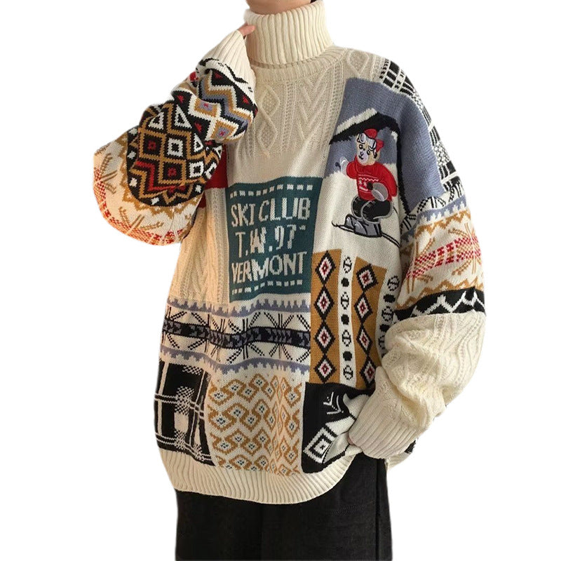 Herren-Strickpullover mit Bären-Stickerei und Stehkragen