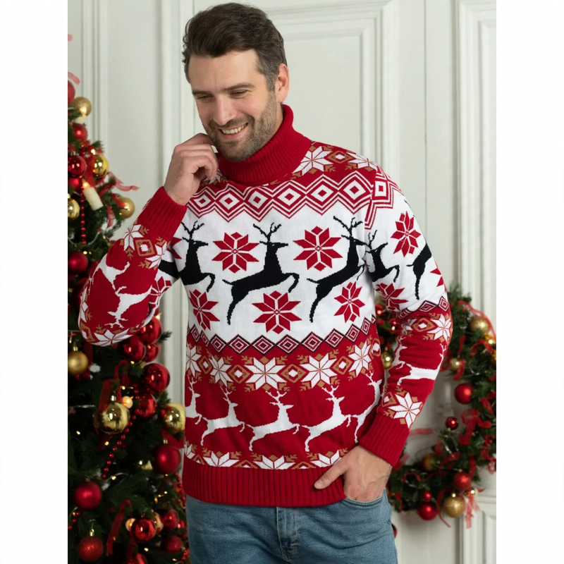 Unisex Weihnachtspullover mit Rentier-Jacquard und Rollkragen