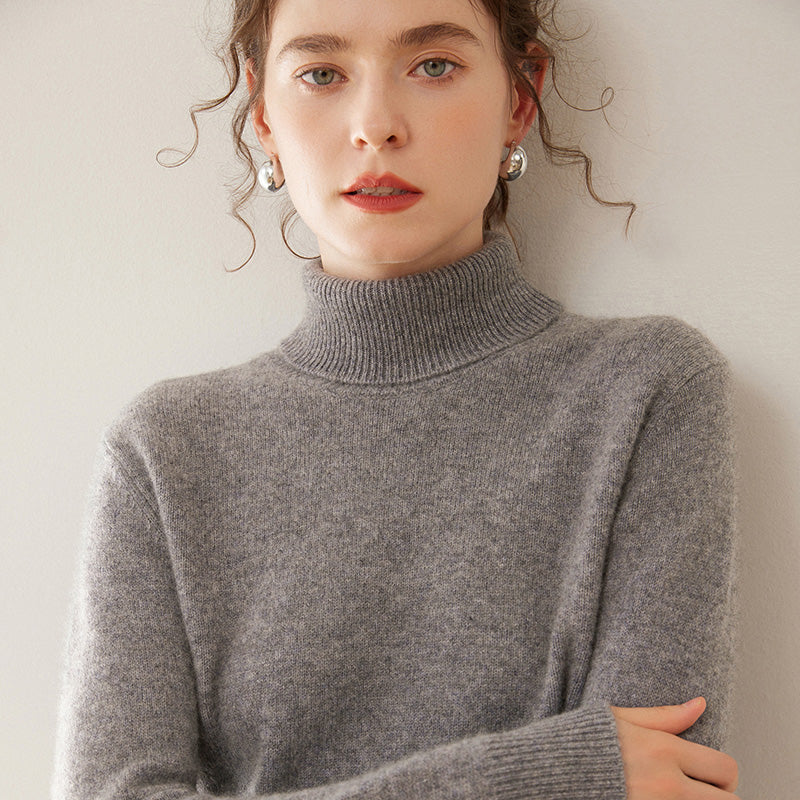 Damen-Kaschmirpullover, hochgeschlossen, zweifädig, gestrickt
